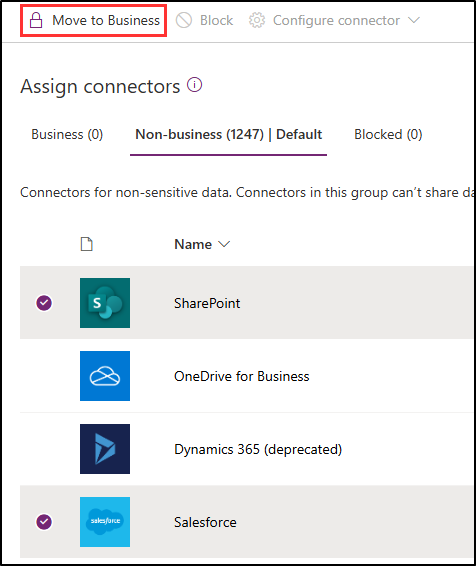 Screenshot showing the Move to Business button in the Power Platform admin center.