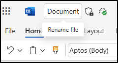 Screenshot showing where to rename a file in Word on the web.