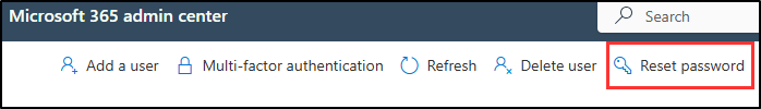 Screenshot showing the Reset password button in the Microsoft 365 admin center.