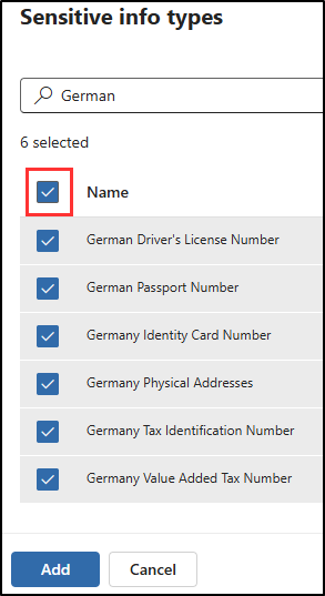 Screenshot showing how to add all German related sensitive info types.