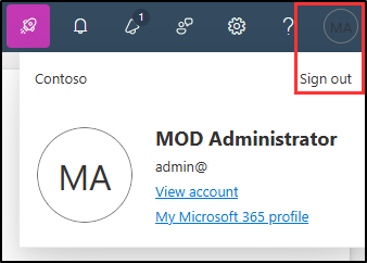 Screenshot showing the navigation path to sign out of the MOD Administrator account.