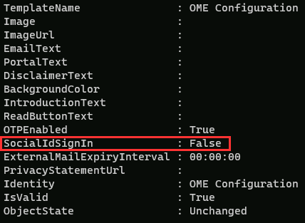 Screenshot showing the SocialIdSignIn value set to False. 