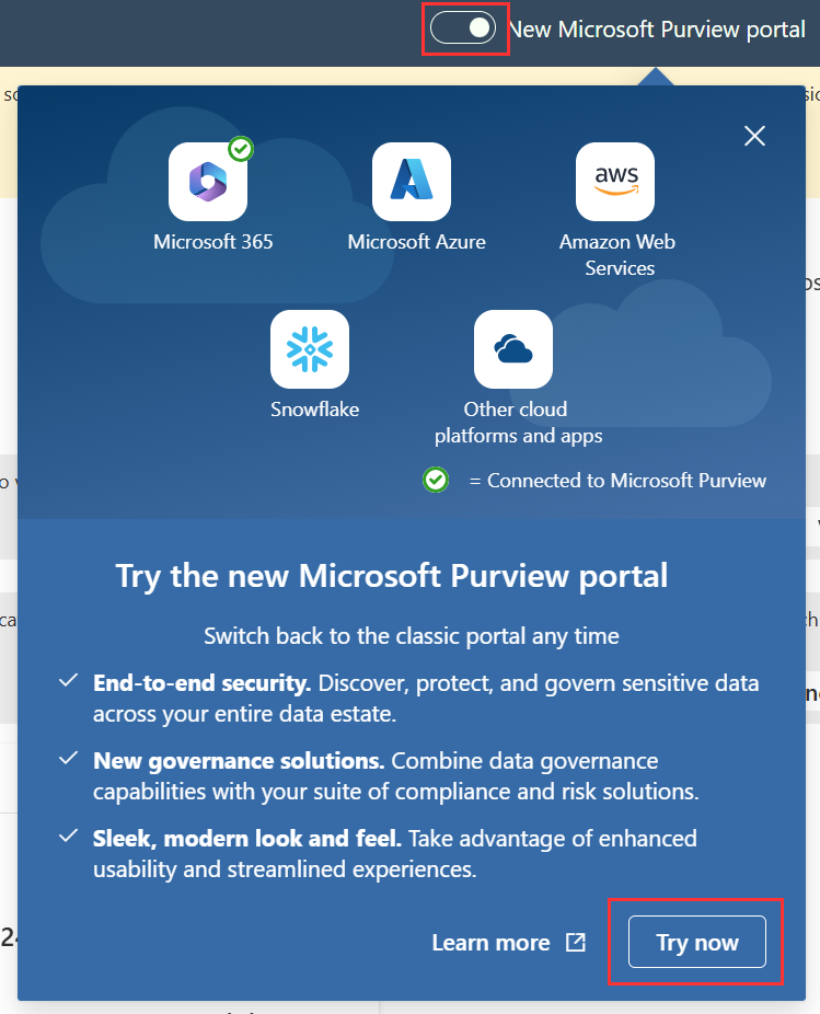 Screenshot showing how to switch to the new Purview portal from the classic compliance portal.