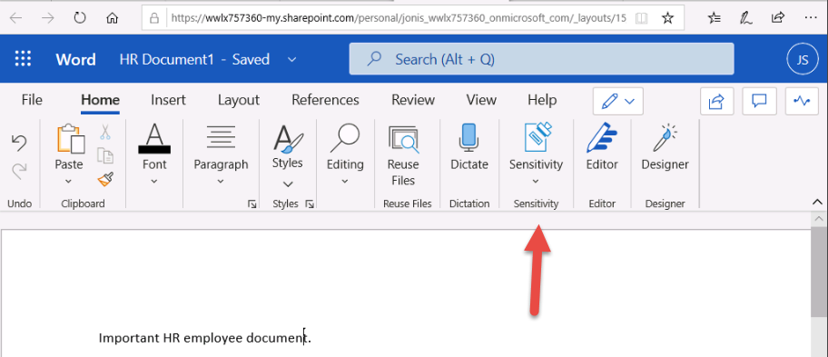 Screenshot showing the sensitivity label button in Word.