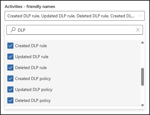 Screenshot showing the DLP activities to select in Audit.