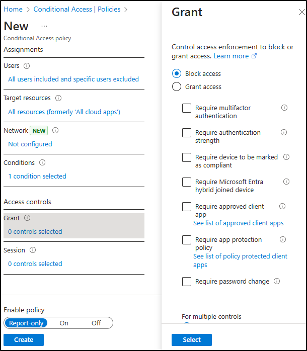 Screenshot showing where to block access in Conditional Access.