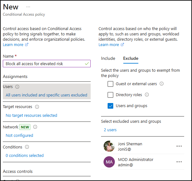 Screenshot showing where to exclude users in Conditional Access.
