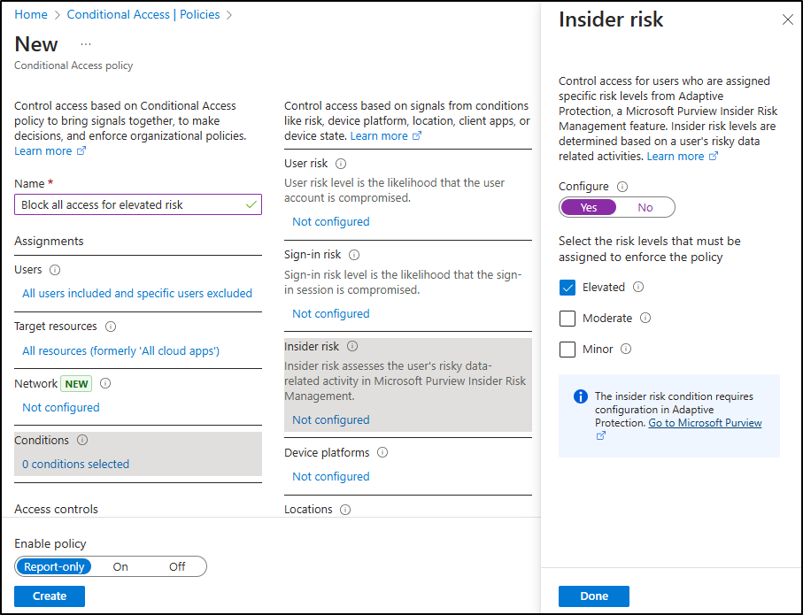 Screenshot showing insider risk configuration in Conditional Access.