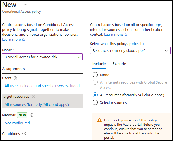 Screenshot showing how to configure target resources in Conditional Access.