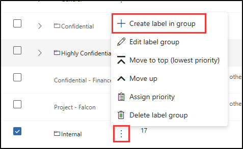 Screenshot showing the Action menu to create a label in group for a sensitivity label.