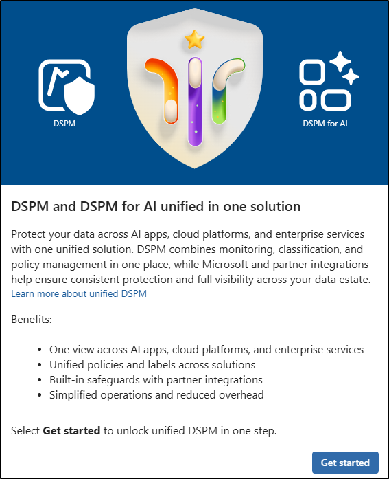 Screenshot showing the unified DSPM page with the Get started button.
