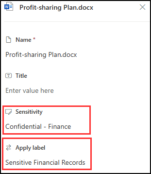 Screenshot showing sensitivity label and retention label applied in SharePoint.