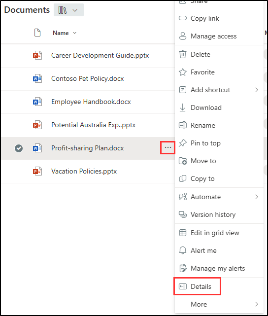 Screenshot showing where to select document details in SharePoint.