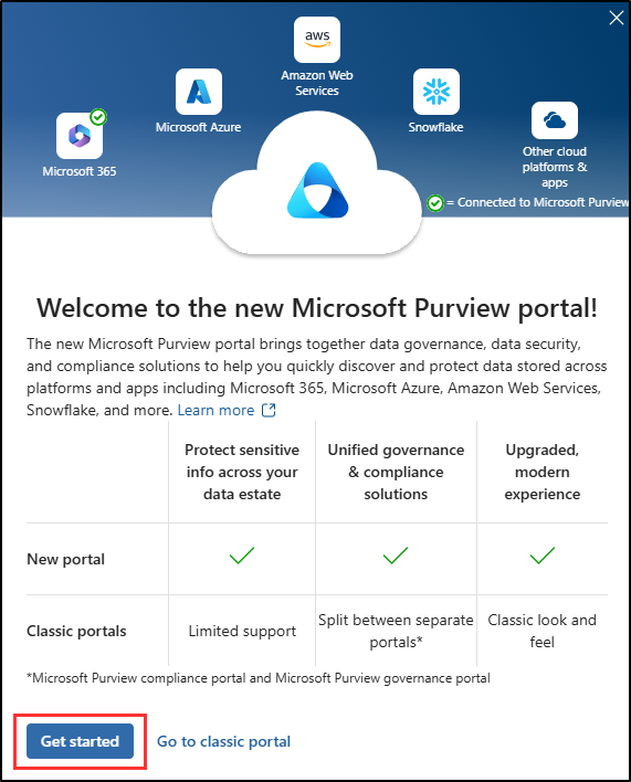 Screenshot showing the Welcome to the new Microsoft Purview portal screen.