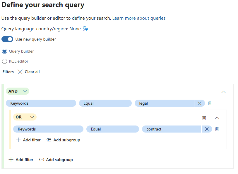 Screenshot showing the query builder in eDiscovery Premium.