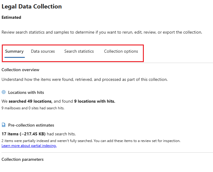 Screenshot showing the tabs to explore within the Legal Data Collection collection estimate.