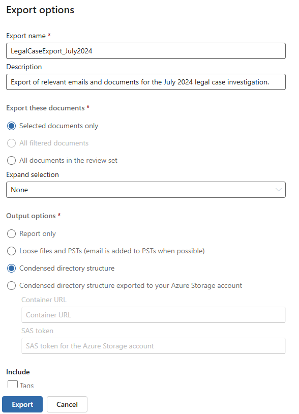 Screenshot showing the configuration options for exporting a review set.