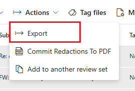 Screenshot showing the option to export a review set in eDiscovery Premium.