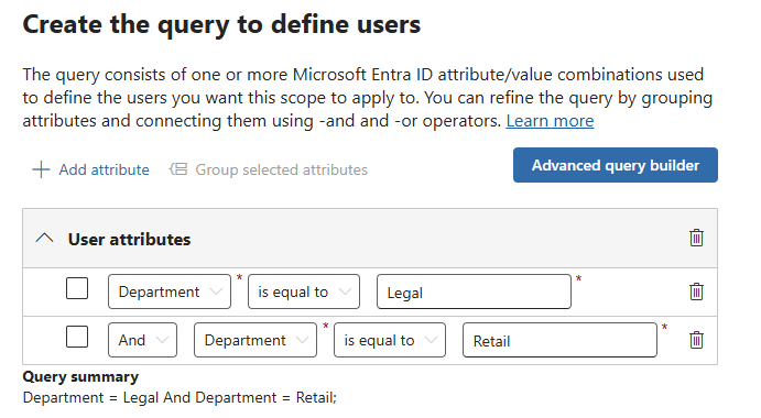 Screenshot showing the query to define users values.