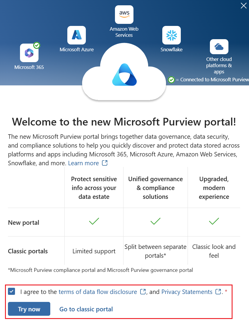 Screenshot showing the Welcome to the new Microsoft Purview portal screen.