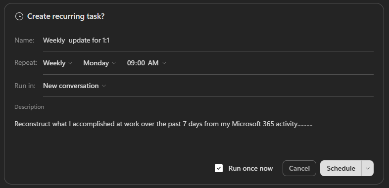 Microsoft 365 Copilot showing Cowork schedule confirmation