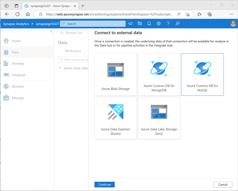 Hinzufügen einer Azure Cosmos DB-NoSQl-API-Verbindung für externe Daten