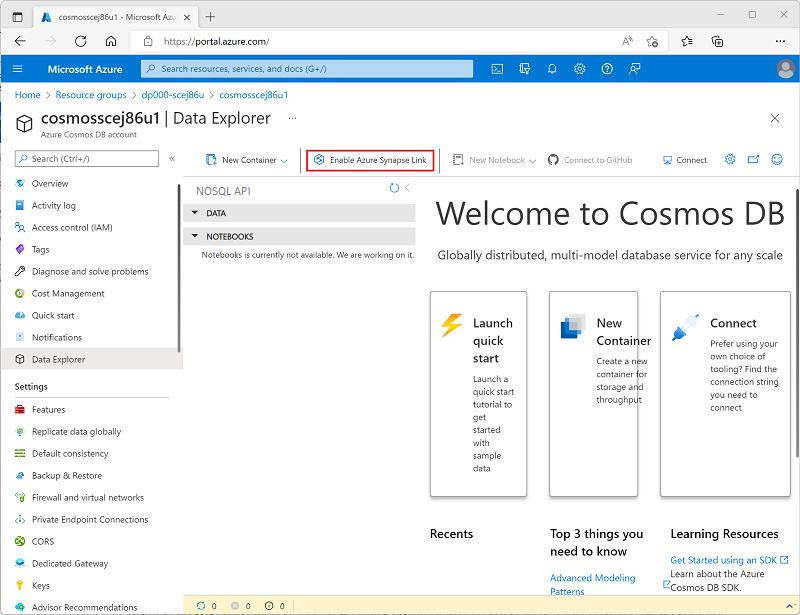 Cosmos DB-Daten-Explorer mit hervorgehobener Schaltfläche „Azure Synapse Link aktivieren“