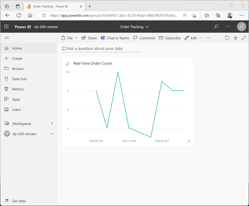 Screenshot eines Power BI-Berichts, der einen Echtzeitdatenstrom mit Bestelldaten anzeigt.