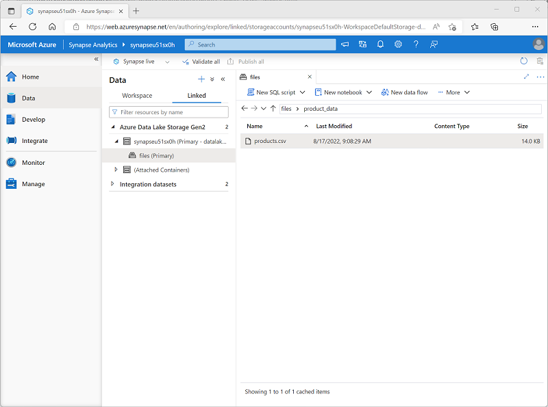 Abbildung von Synapse Studio mit erweiterter Azure Data Lake Storage-Hierarchie mit dem Dateispeicher für Ihren Synapse-Arbeitsbereich