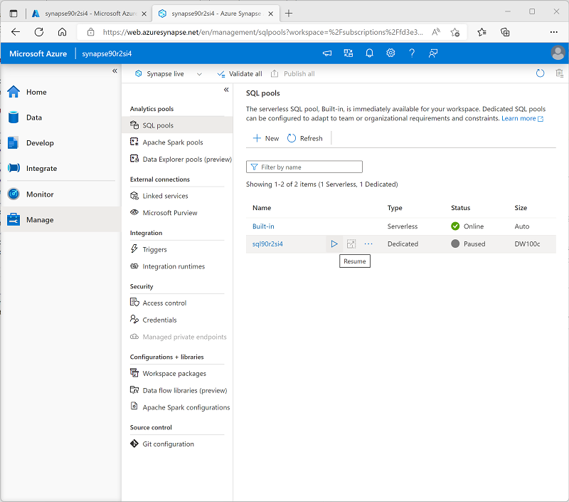 Screenshot der Seite „SQL-Pools“ in Synapse Studio.