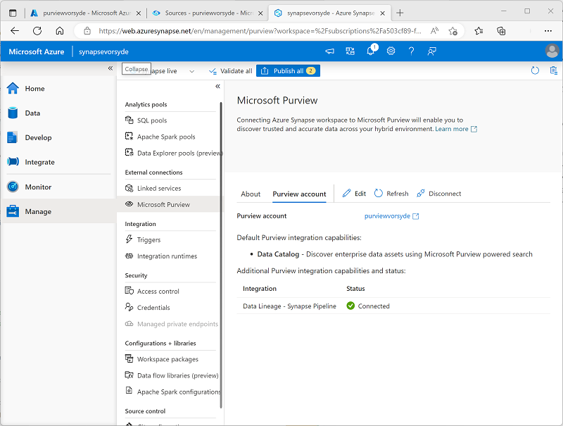 Screenshot: Purview-Konto in Synapse Studio.