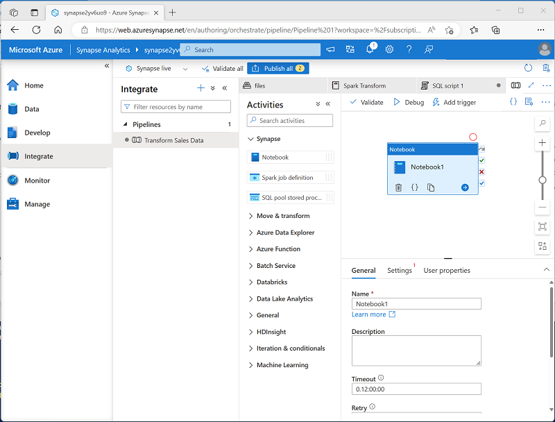 Capture d’écran d’un pipeline avec une activité de notebook.