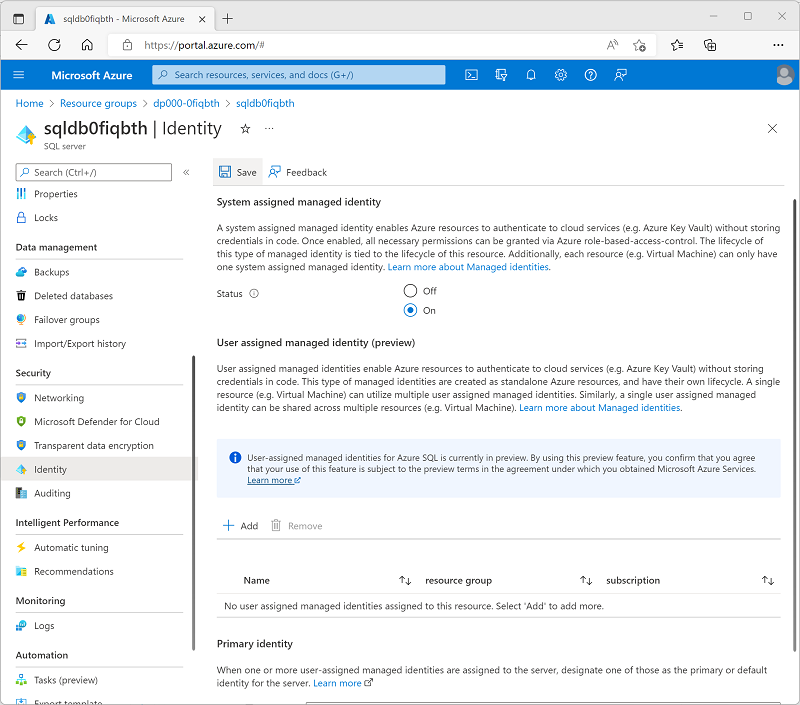 Capture d’écran de la page Identité Azure SQL Server dans le portail Azure.