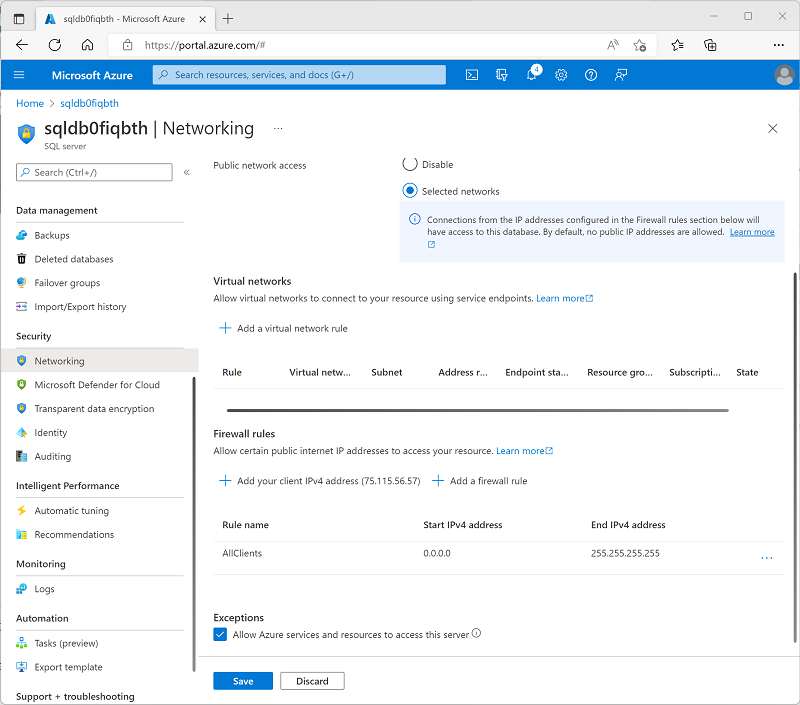 Azure 门户中 Azure SQL 服务器“网络”页的屏幕截图。