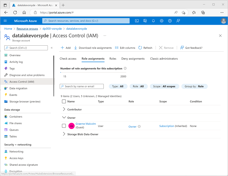存储帐户的“角色分配”选项卡的屏幕截图。