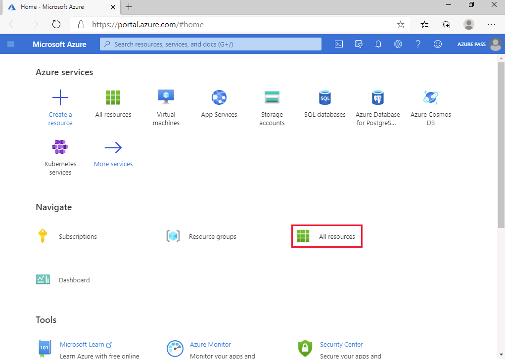 Azure portal ホーム ページのスクリーンショット ([すべてのリソース] を選択)