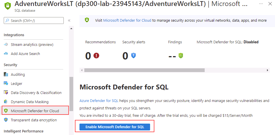 Microsoft Defender for Cloud オプションの選択のスクリーンショット