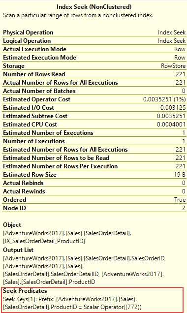 NonClustered インデックスを示すスクリーンショット