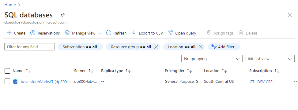 SQL データベースを選択しているスクリーンショット