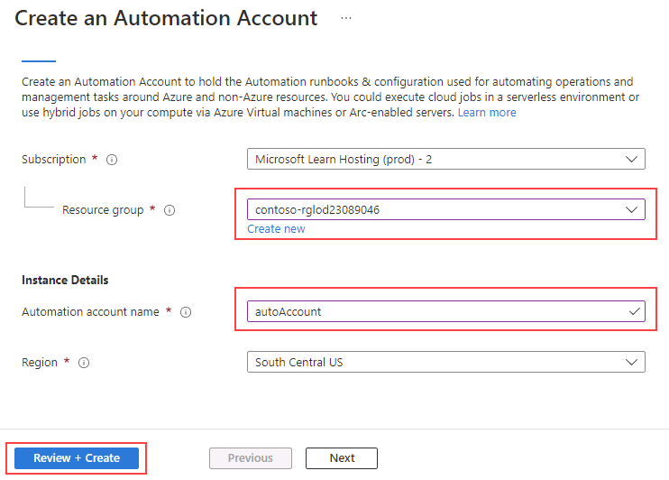 [Automation アカウントの追加] 画面のスクリーンショット。