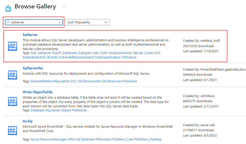 SqlServer モジュールを選択しているスクリーンショット。