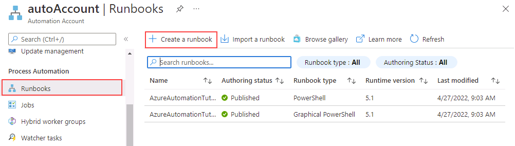 [Runbook の作成] を選択している [Runbook] ページのスクリーンショット。