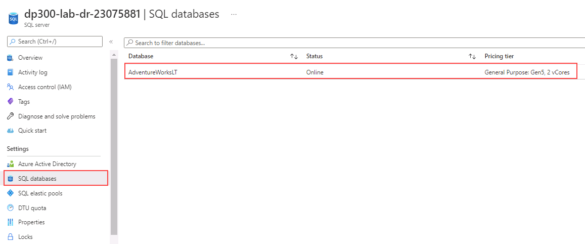 [SQL データベース] オプションを示すスクリーンショット。