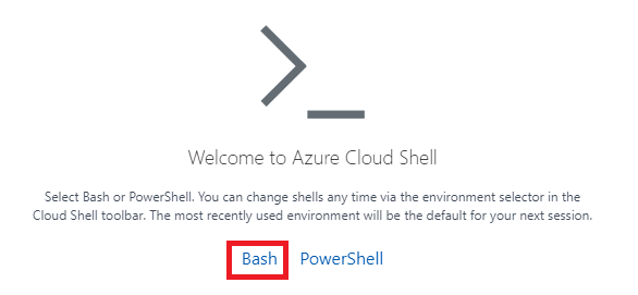 Azure portal の Cloud Shell ウェルカム ページのスクリーンショット。