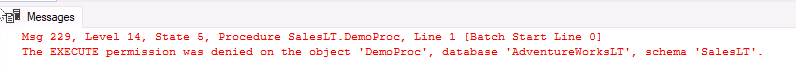 DemoProc 개체에 대한 EXECUTE 권한이 거부되었습니다. 오류 메시지 스크린샷