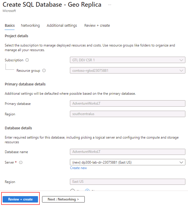 SQL Database 서버 만들기 페이지를 보여 주는 스크린샷