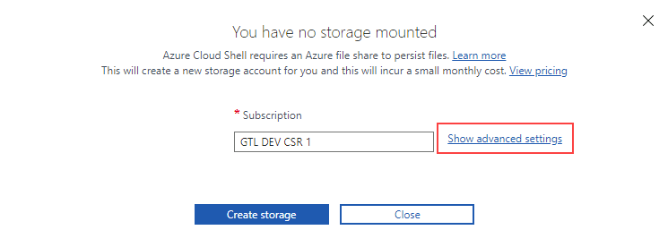 Azure Portal에서 클라우드 셸의 스토리지 만들기 스크린샷