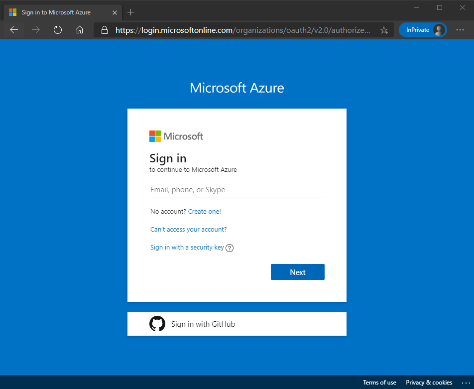 Screenshot of Azure portal sign in page
