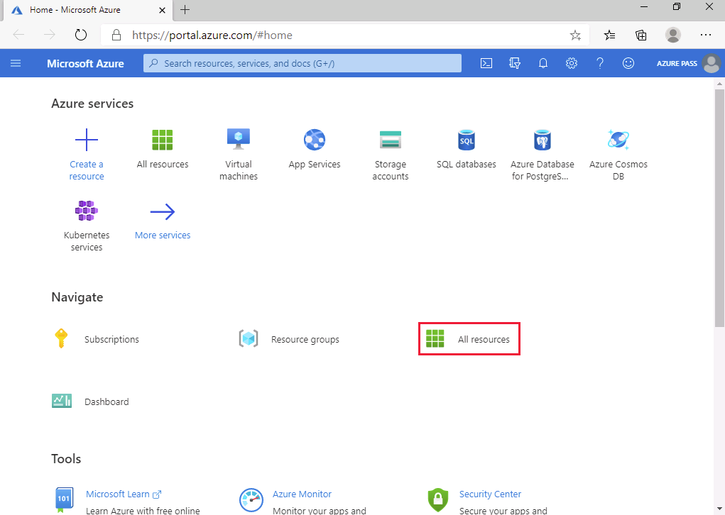 Screenshot of the Azure portal home page, selecting All resources