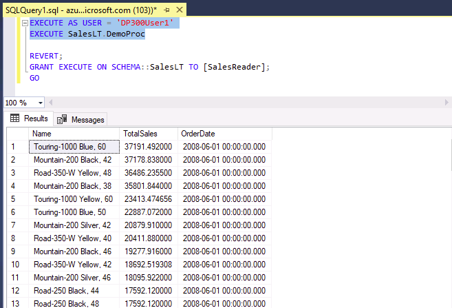 Screenshot showing the returned rows of data from the stored procedure